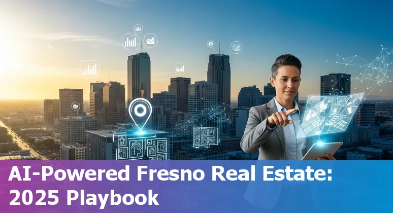AI-powered real estate tools and Fresno, California skyline image showing AI analytics on property listings.