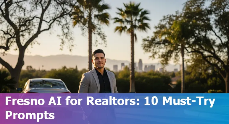 Real estate agent using AI tools on a laptop with Fresno skyline and farmland in background