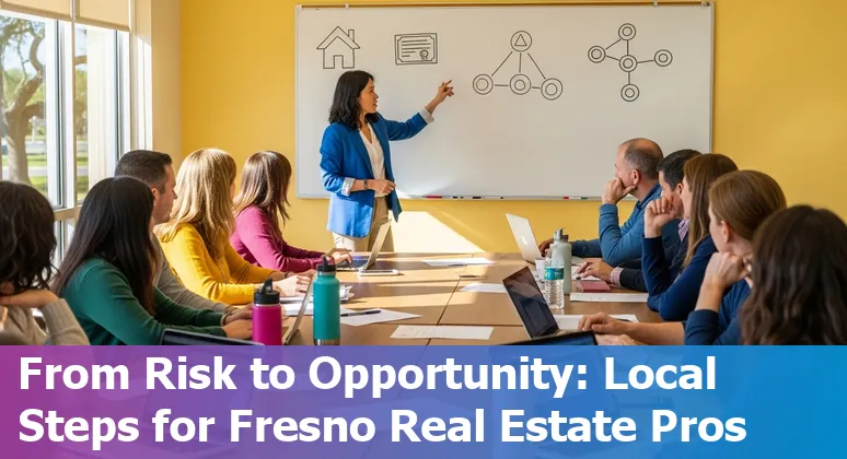 Fresno real estate agent reviewing listings on a tablet with AI icons and Fresno skyline in background