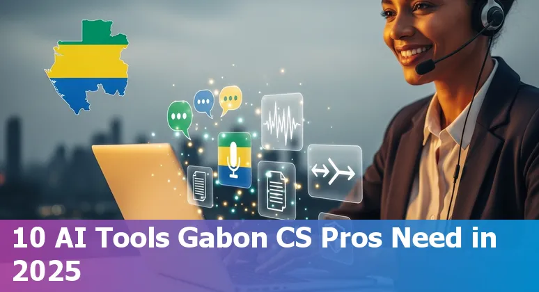 Gabon customer service agents using AI tools: chat, voice, translation and analytics icons