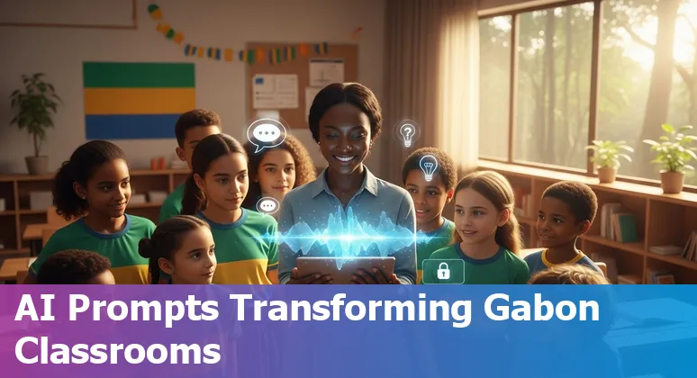 Gabonese teacher using AI on a laptop with students in a classroom, illustrating bilingual, low‑bandwidth education tools