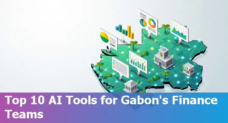Finance professional using AI tools on a laptop with Libreville skyline and Gabon flag in the background.