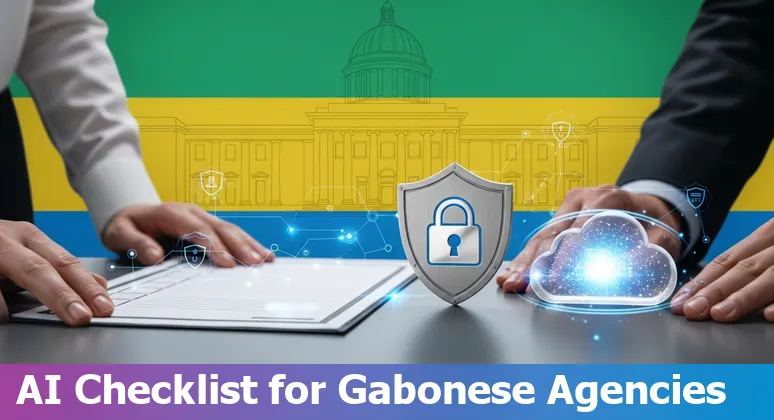 Illustration of AI in Gabon government services in 2025 showing healthcare, agriculture drones and data dashboards in Gabon