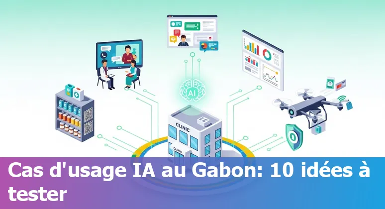 Illustration of AI-enabled healthcare in Gabon showing clinicians, CHWs, and digital tools with Libreville skyline