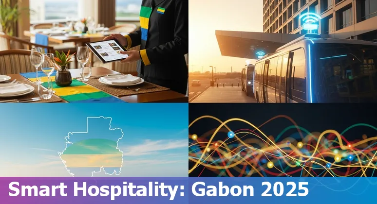 Hotel lobby with digital check-in kiosk and AI dashboard overlay in Gabon, GA