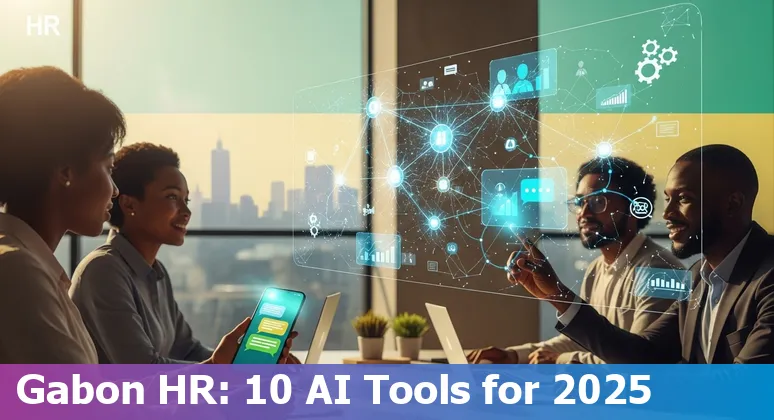 Illustration of HR professional in Gabon using AI tools on a phone with WhatsApp and org chart icons.
