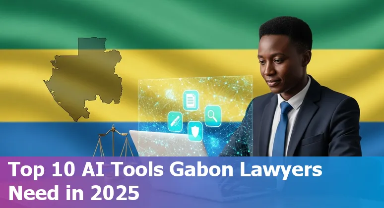 Collage of AI legal tools logos over a silhouette of a Gabonese courthouse