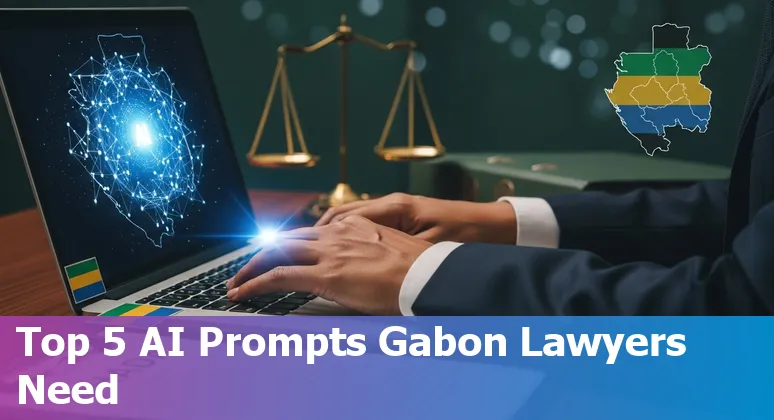 Gabon lawyer using AI on laptop with OHADA law texts and Libreville skyline in background
