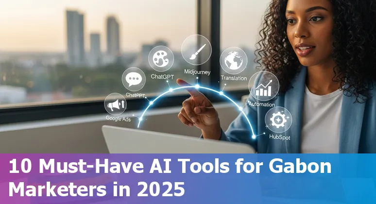 Illustration of AI marketing tools like ChatGPT, Google Ads, DeepL, Midjourney over a map of Gabon for marketers