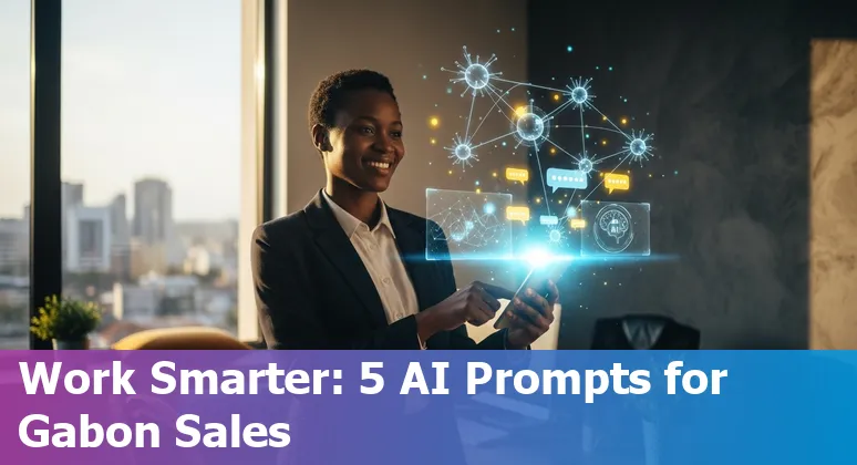Gabon sales professional in Libreville using AI prompts on a laptop with bilingual (English/French) interface
