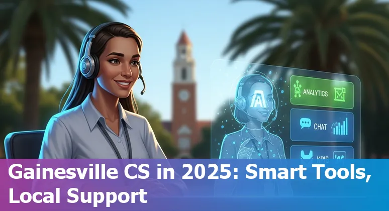 Customer service professional using AI tools in Gainesville, FL with University of Florida resources in background