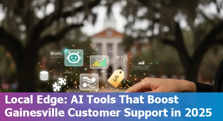 Customer service team using AI tools on laptops with Gainesville skyline and University of Florida campus in background