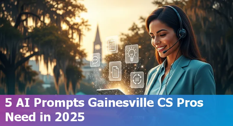 Customer service agent in Gainesville using AI prompts on a laptop with city skyline and help ticket icons.