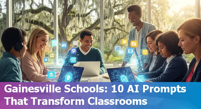 Students using AI tools in a Gainesville classroom with teacher guiding them on a laptop
