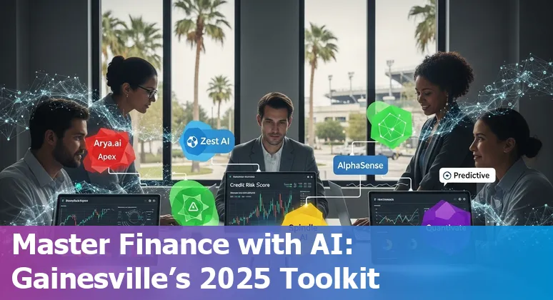 Collage of AI tools logos (Arya.ai, Zest AI, AlphaSense, Spindle AI, Quantivate, Zapliance, Tipalti, Botkeeper, Bluedot, Formula Bot) over Gainesville skyline.