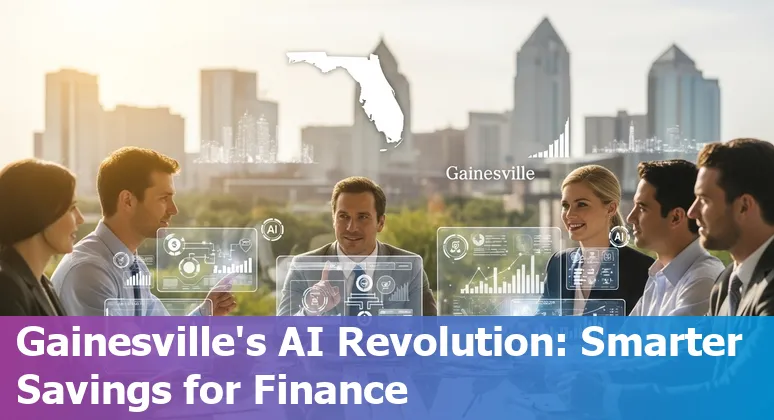 Illustration of AI transforming banking operations in Gainesville, Florida, US — automation, chatbots, and fraud detection.