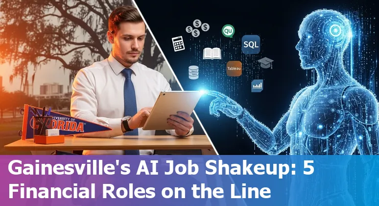 Gainesville financial services workers learning data and AI tools with laptop and community college campus in background