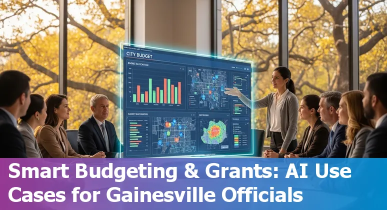 Gainesville city hall with AI icons representing chatbots, grants, permits, and public safety analytics.