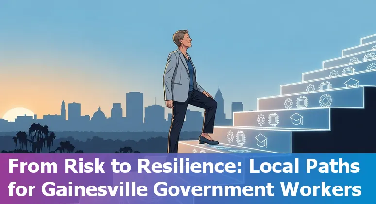 Gainesville city hall worker using a laptop with AI icons and University of Florida campus in background