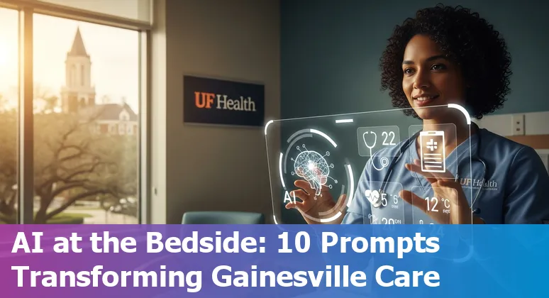 Healthcare AI in Gainesville: clinician with tablet, hospital building, and icons for AI prompts and robotics.