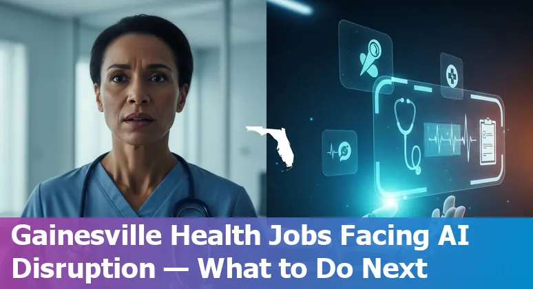 Healthcare worker at computer with AI icons and University of Florida campus in background