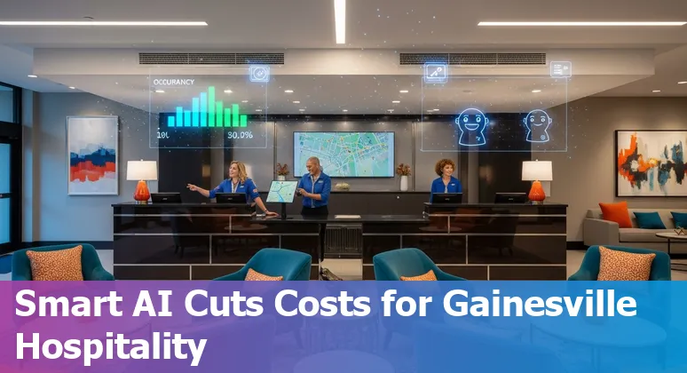 Hospitality staff using AI dashboard in Gainesville, Florida, US hotel lobby