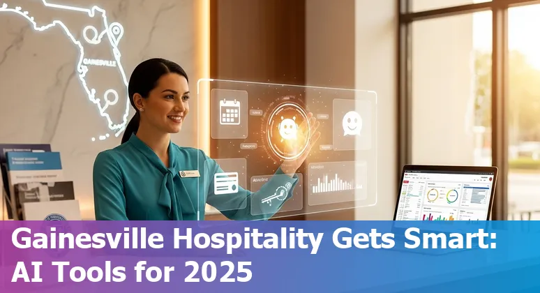 Hotel lobby with AI kiosk and UF campus skyline, Gainesville, Florida in 2025