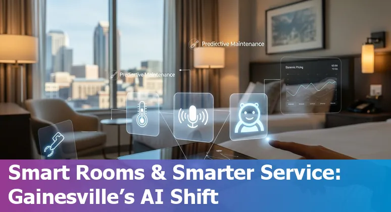 Gainesville hotel lobby with AI chatbot icon, smart room controls, and UF game-day guests