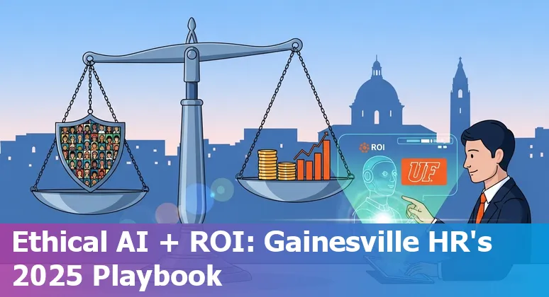 HR professional using AI tools with University of Florida HiPerGator and Gainesville, FL skyline in background