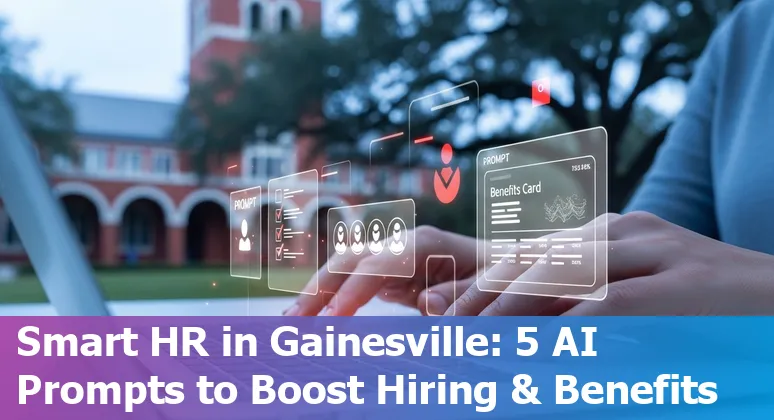 HR professional in Gainesville using AI prompts on a laptop to draft benefits, job descriptions, and reports.