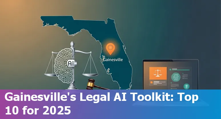 Gainesville attorney using AI tools on a laptop with legal documents and UF campus skyline in the background.
