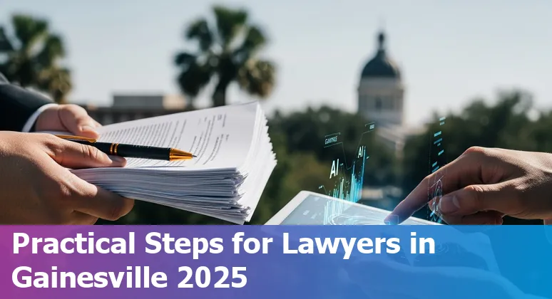 Gainesville, Florida lawyer using AI-assisted legal software on a laptop in an office, 2025