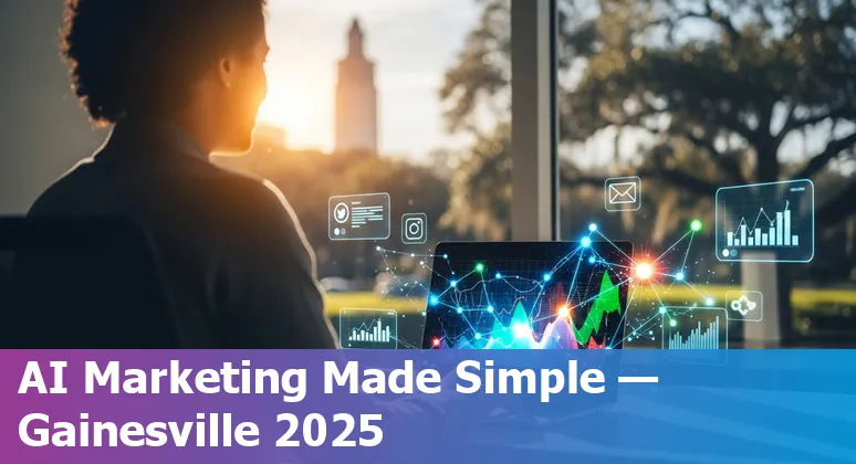 Marketing professional using AI tools in Gainesville, FL with University of Florida training resources in background