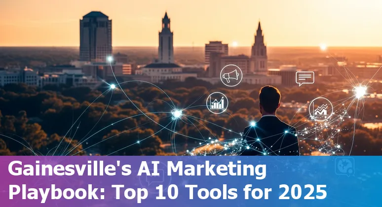 Collage of AI tools icons with University of Florida campus skyline and marketing symbols