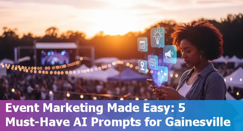 Marketing professional using AI prompts to plan Visit Gainesville, Texas campaigns on a laptop with local event posters nearby.