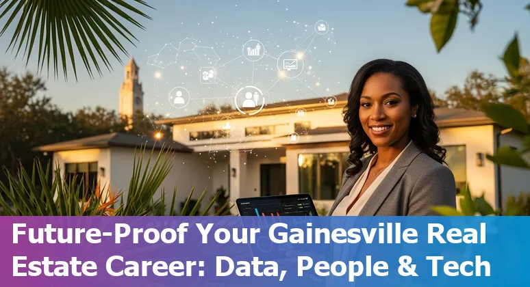 Gainesville real estate agent using a laptop with AI icons and University of Florida campus in background