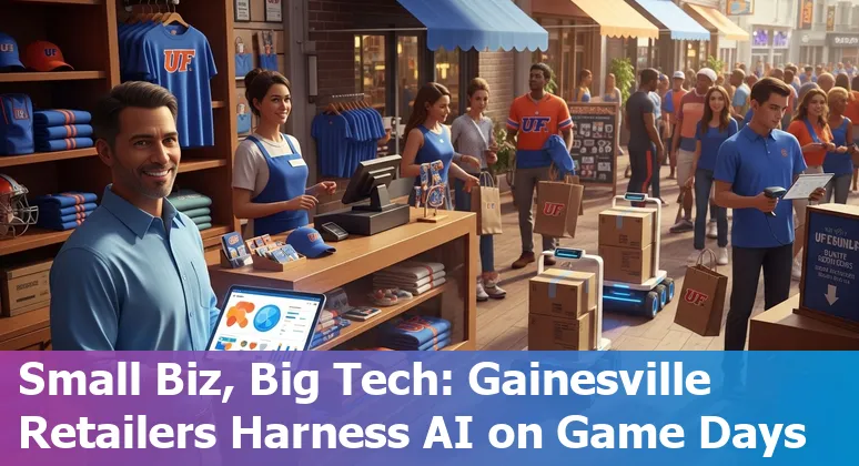 Store clerk using AI dashboard for inventory forecasting in Gainesville, Florida retail store