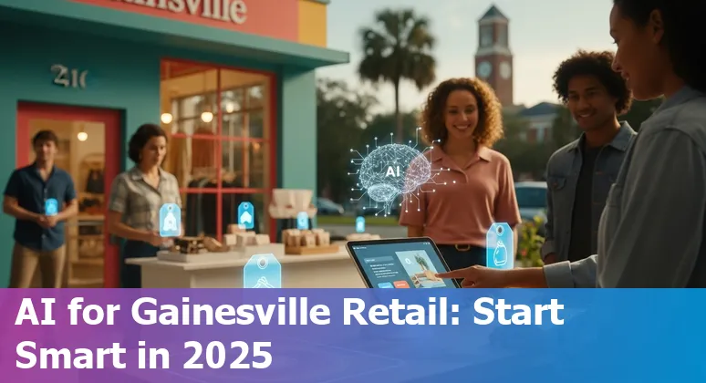 Retail employees using AI tools in a Gainesville, Florida store in 2025, showing smart shelves and a point-of-sale kiosk.