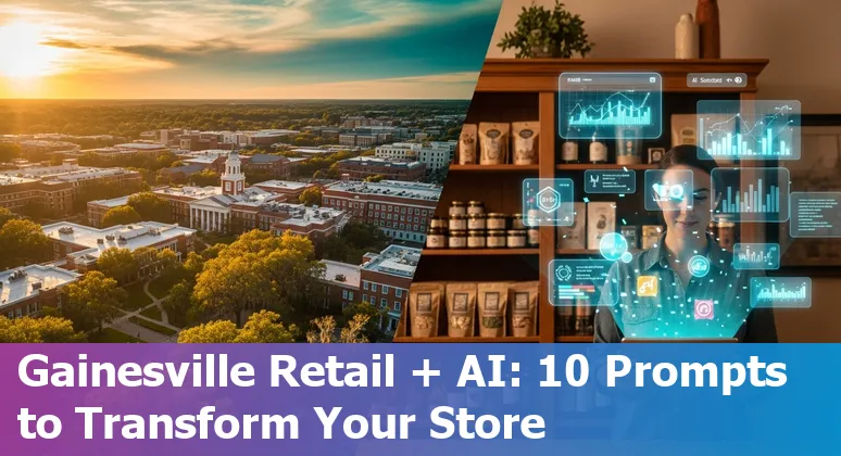 Gainesville retail storefront with AI icons showing personalization, inventory graphs, AR try-on and chatbot.