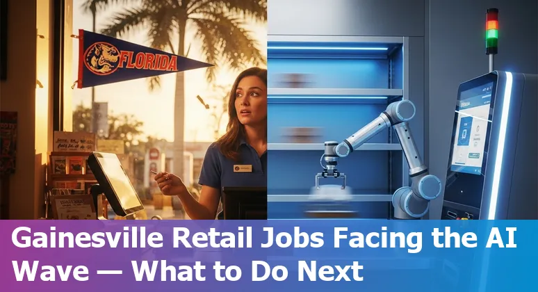 Gainesville retail workers learning AI skills in a training session with storefronts in the background