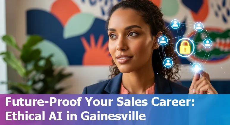 Sales professional using AI tools at a Gainesville, Florida office with UF campus visible in the background
