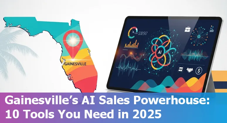 Sales professional using AI tools dashboard showing Clari, Gong, Outreach and HubSpot on screen in an office with Gainesville skyline.