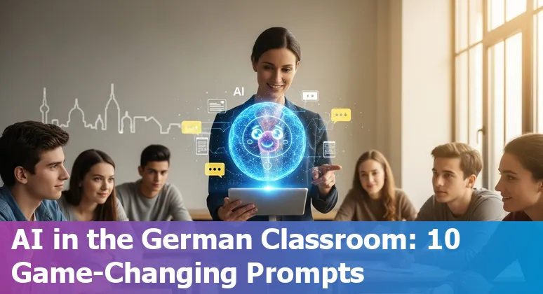 Teacher using AI tools (IU Syntea, ChatGPT, DeepL) on a laptop in a German classroom.