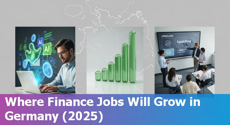 Finance professionals reviewing AI models with German flag overlay, symbolizing AI impact on finance jobs in Germany in 2025