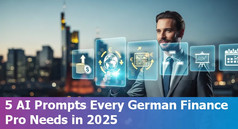 German finance professional using AI prompts to optimize cash flow, FX exposure, scenario planning, board decks, and month-end close.