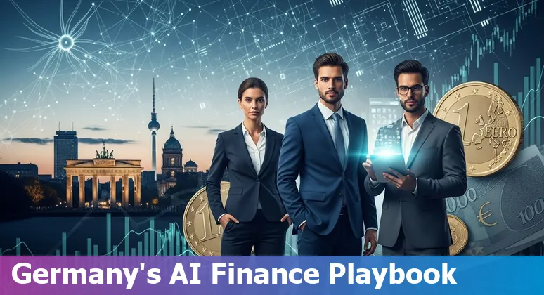 Graphic of AI in financial services in Germany 2025 showing Berlin and Munich skylines and AI icons