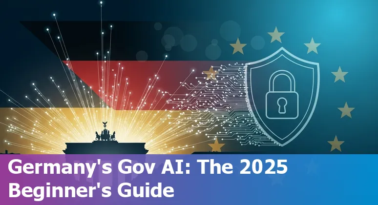 Illustration of German government officials using AI tools in 2025 with Germany flag and digital interfaces