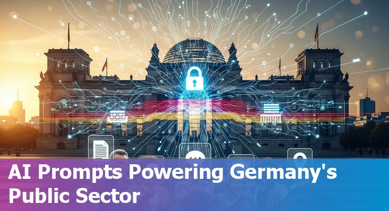 Illustration of AI use cases in German government: budgeting, chatbots, emergency response, mobility and environmental monitoring