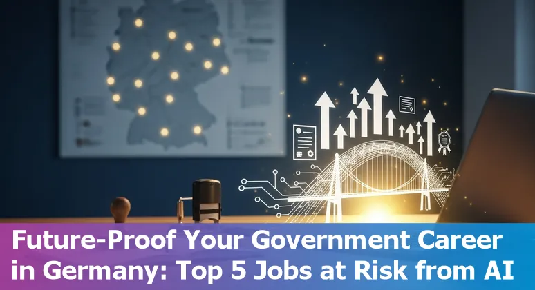 Public servant using a laptop with AI icons overlay, symbolising reskilling for AI-driven government jobs in Germany.