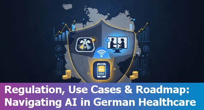 Graphic of AI and medical icons with German flag, illustrating a beginner's guide to using AI in the healthcare industry in Germany in 2025.